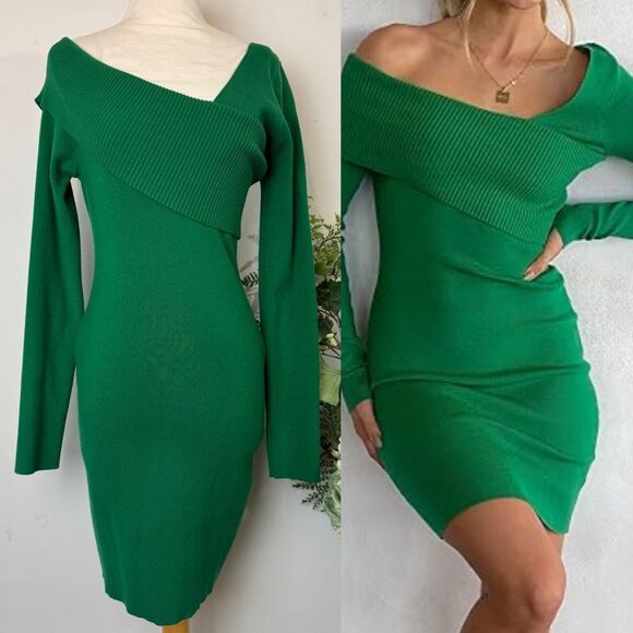Selfie Leslie Tamar Long Sleeve Off-Shoulder Mini Dress Kelly Green | New NWT | - Picture 1 of 12